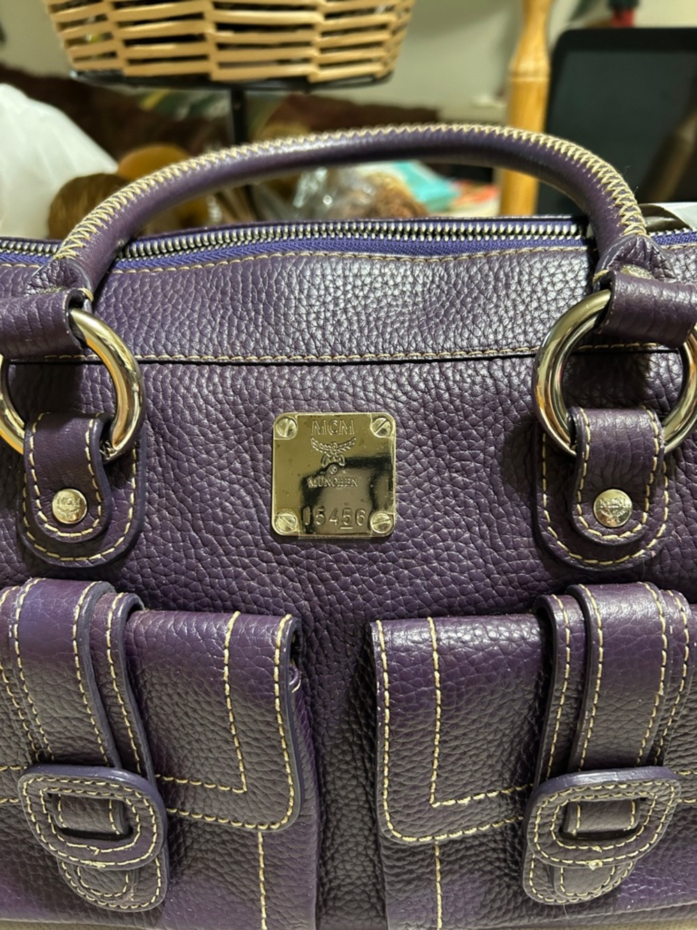 MCM Purple Leather Satchel Handbag with Front Pockets - Picture 2 of 9